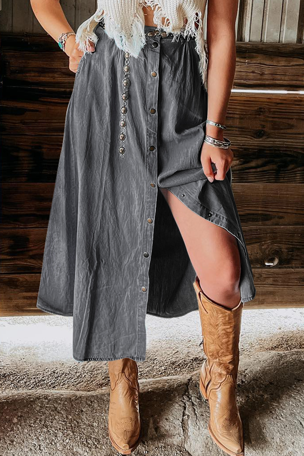 Shewin Wholesale Dropshippers Dark Grey Fully Buttoned Long Denim SKIRT