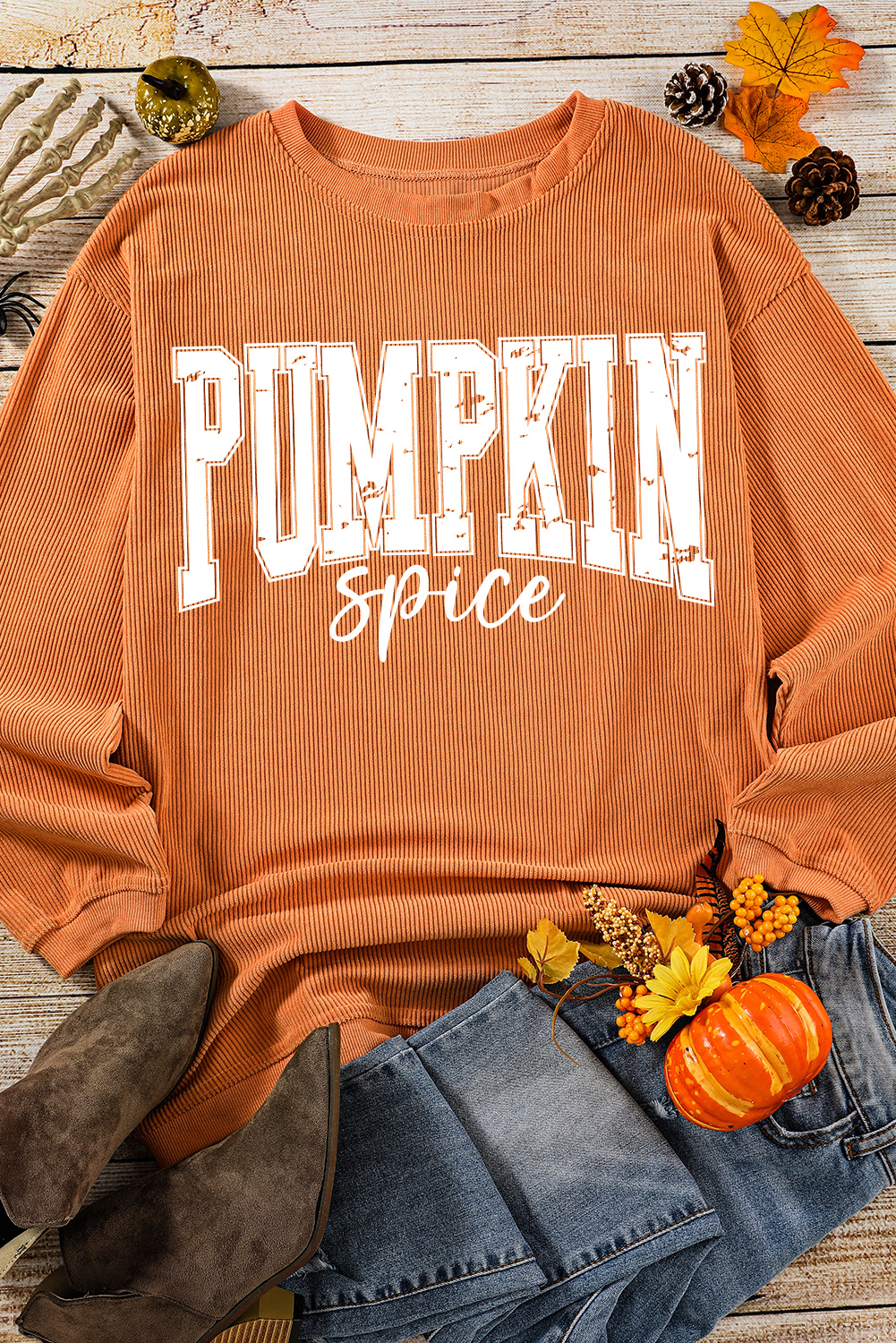 Shewin Wholesale 2024 Hot Orange CRINKLE Ribbed PUMPKIN Spice Graphic Crewneck Sweatshirt