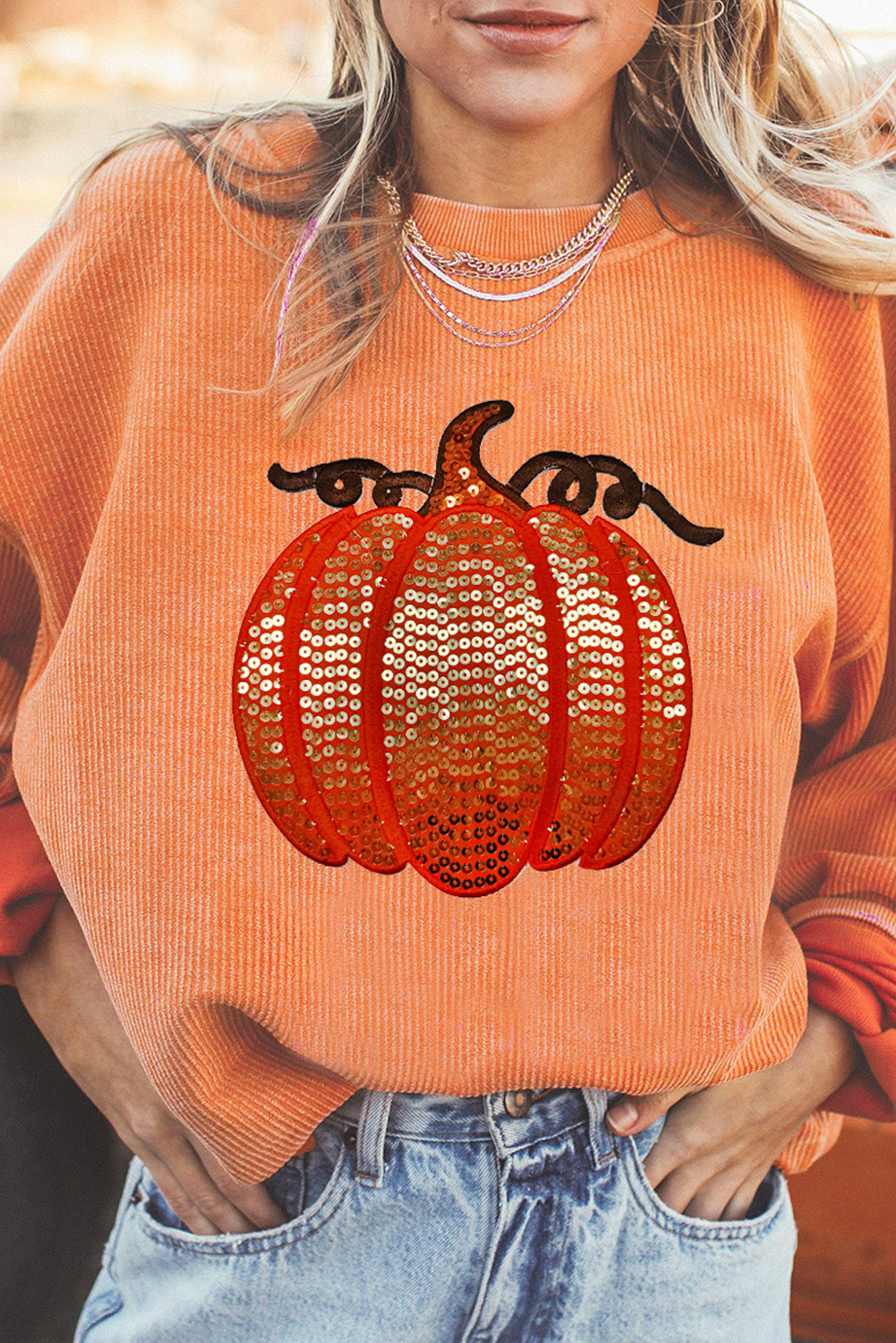 Shewin Wholesale Dropshipping Orange Crinkle Ribbed Halloween Sequin Pumpkin Graphic SWEATSHIRT