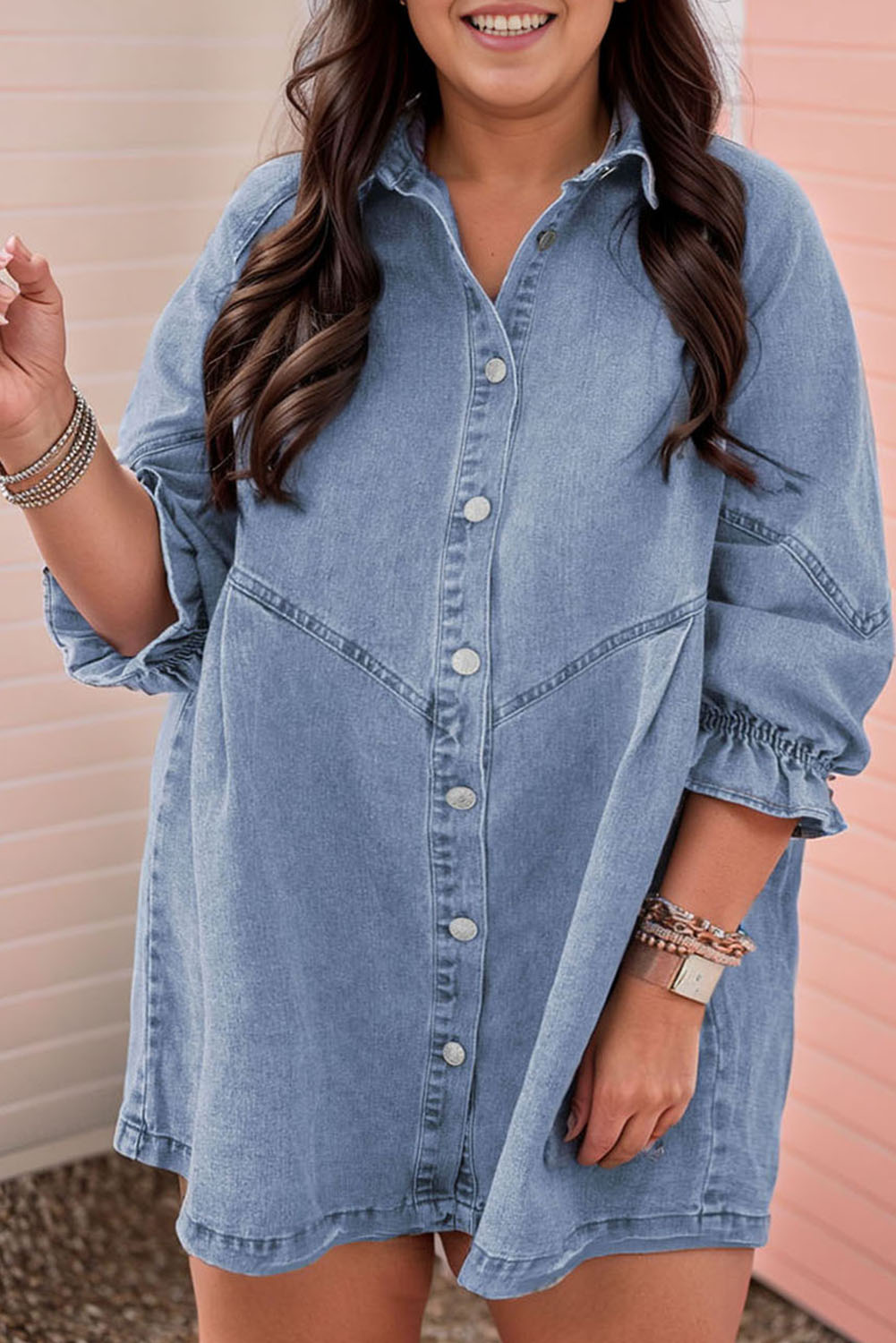 Shewin Wholesale Dropshippers Light Blue Ruffled 3/4 Sleeve Buttoned Front Plus Size Denim DRESS