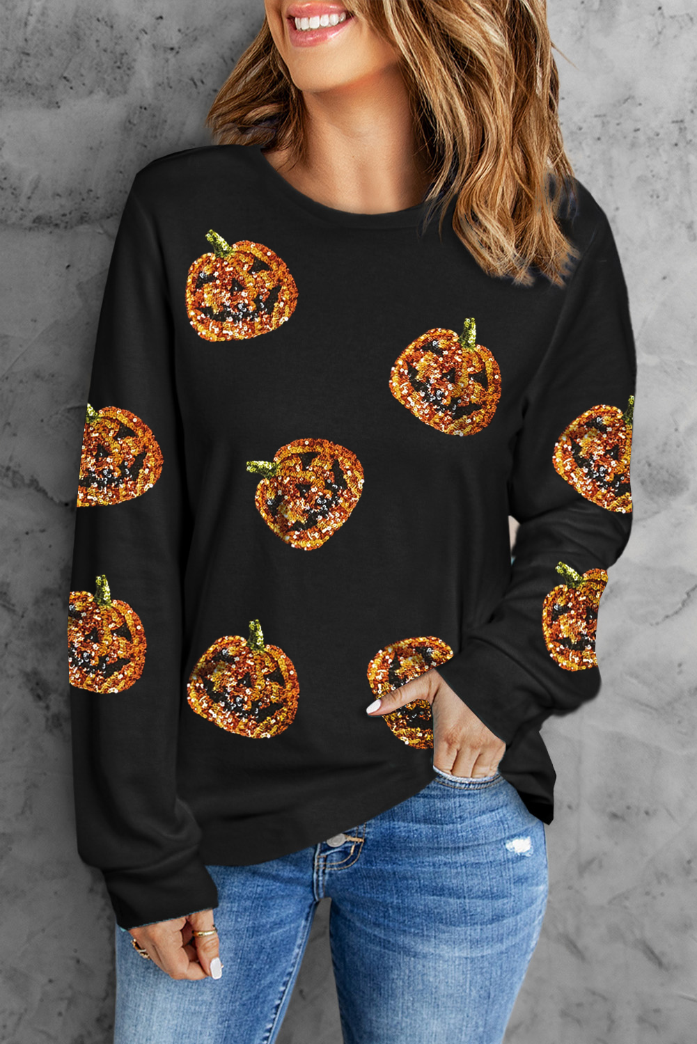 Shewin Wholesale Dropshippers Black Halloween Sequin Pumpkin Face Graphic SWEATSHIRT