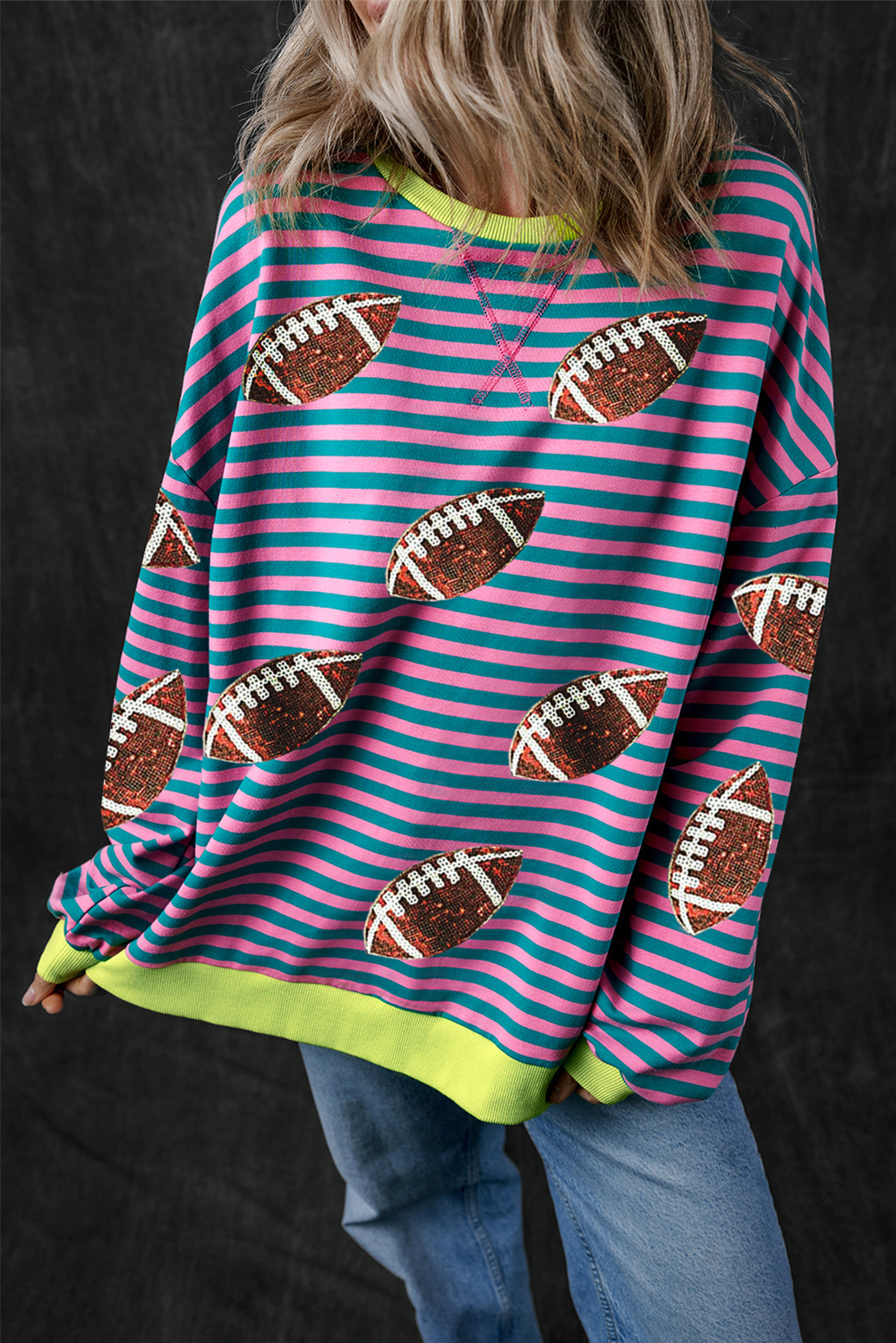 Shewin Wholesale Dropship Green Stripe Game Day Sequin Rugby Graphic Colorblock Edge SWEATSHIRT