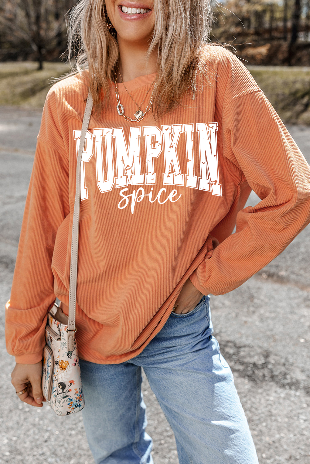 Shewin Wholesale Dropship Orange CRINKLE Ribbed PUMPKIN Spice Graphic Crewneck Sweatshirt