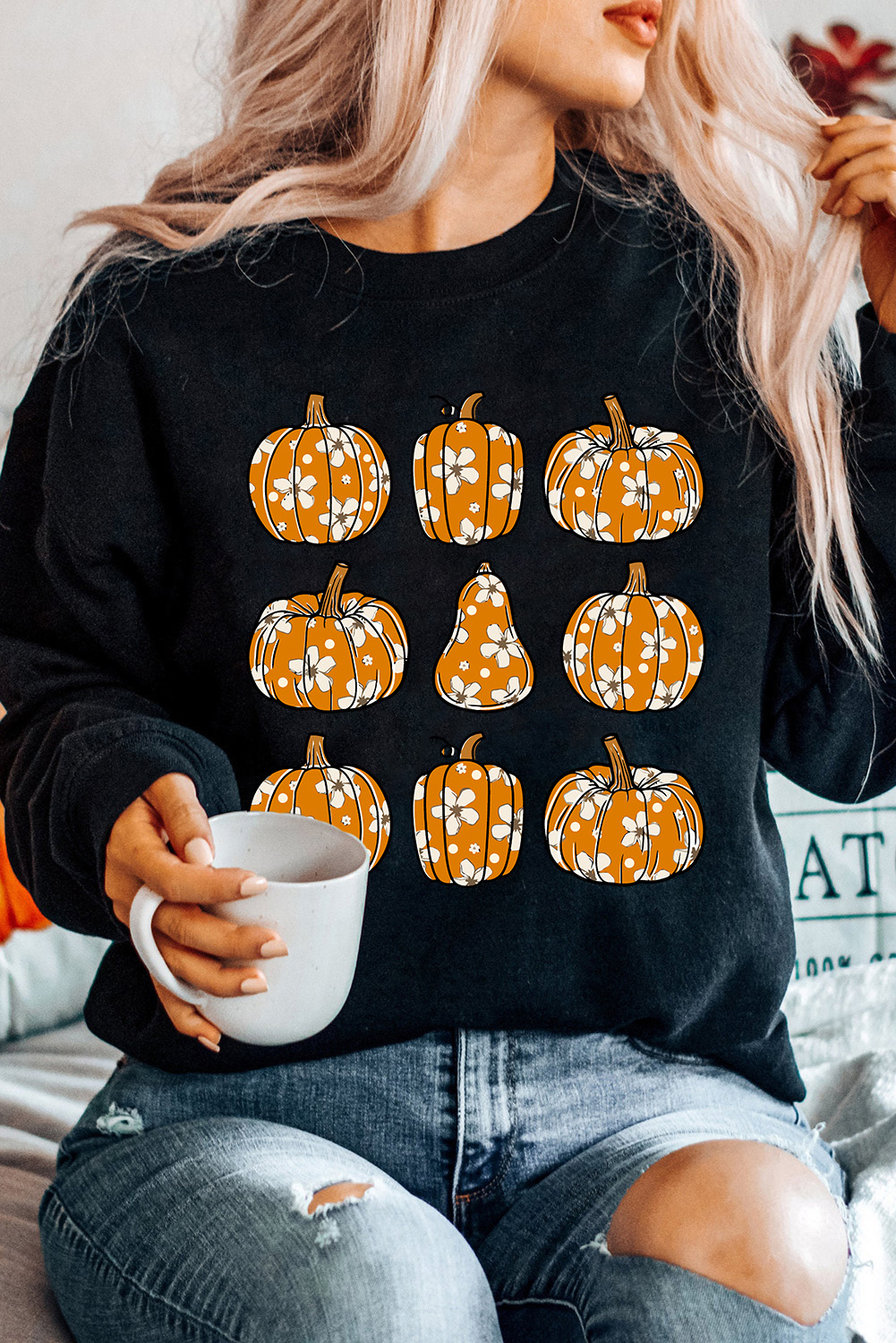 Shewin Wholesale Dropshippers Black HALLOWEEN Floral Pumpkin Graphic Round Neck Sweatshirt