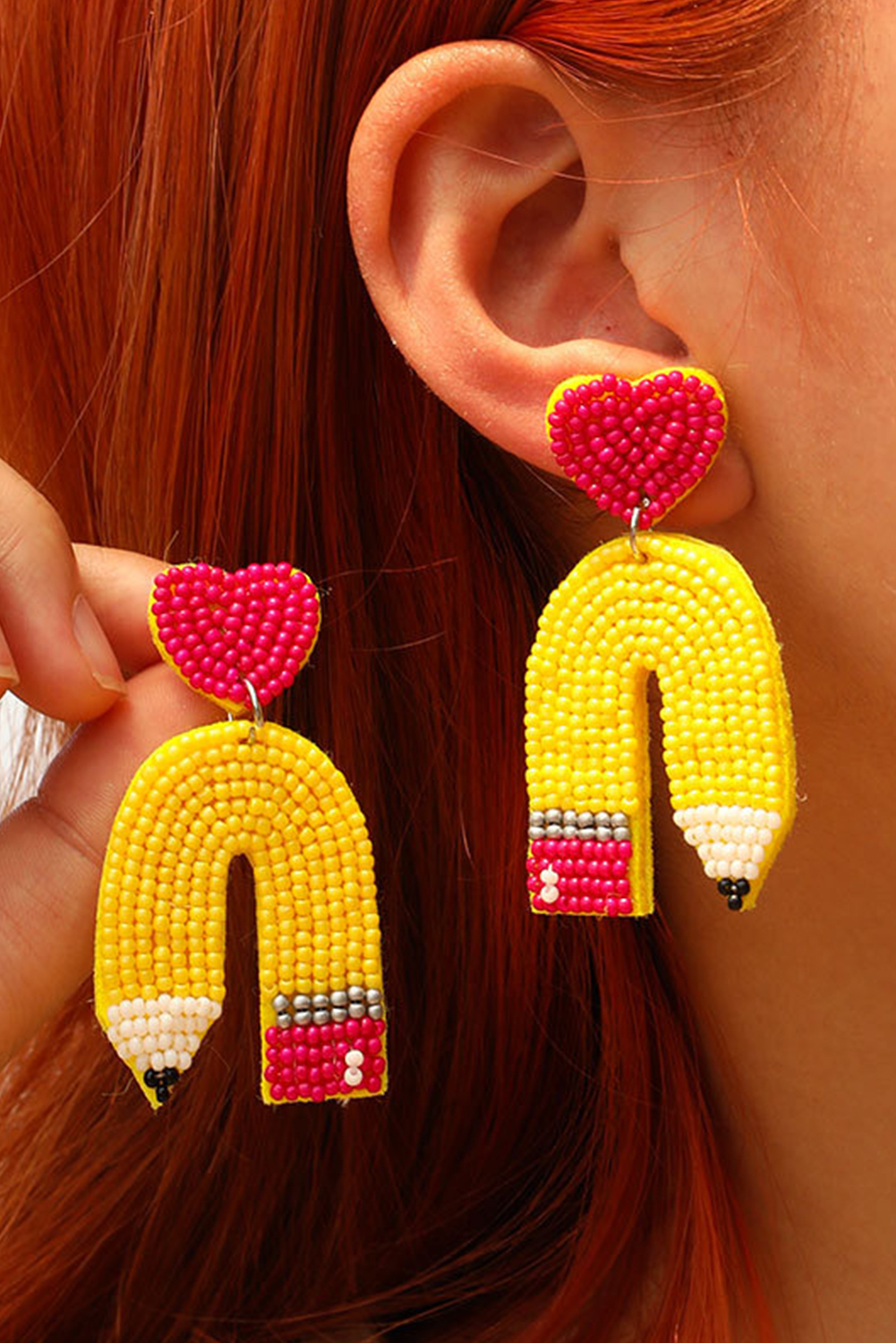 Shewin Wholesale Dropshippers Yellow Heart Shape Pencil Rice Bead Drop Earrings