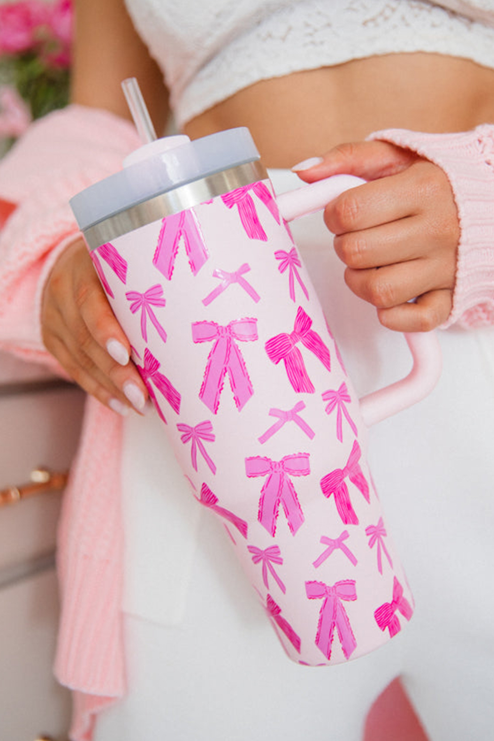 Shewin Wholesale Dropshippers Pink Cute Bowknot Printed Tumbler with Handle 40oz