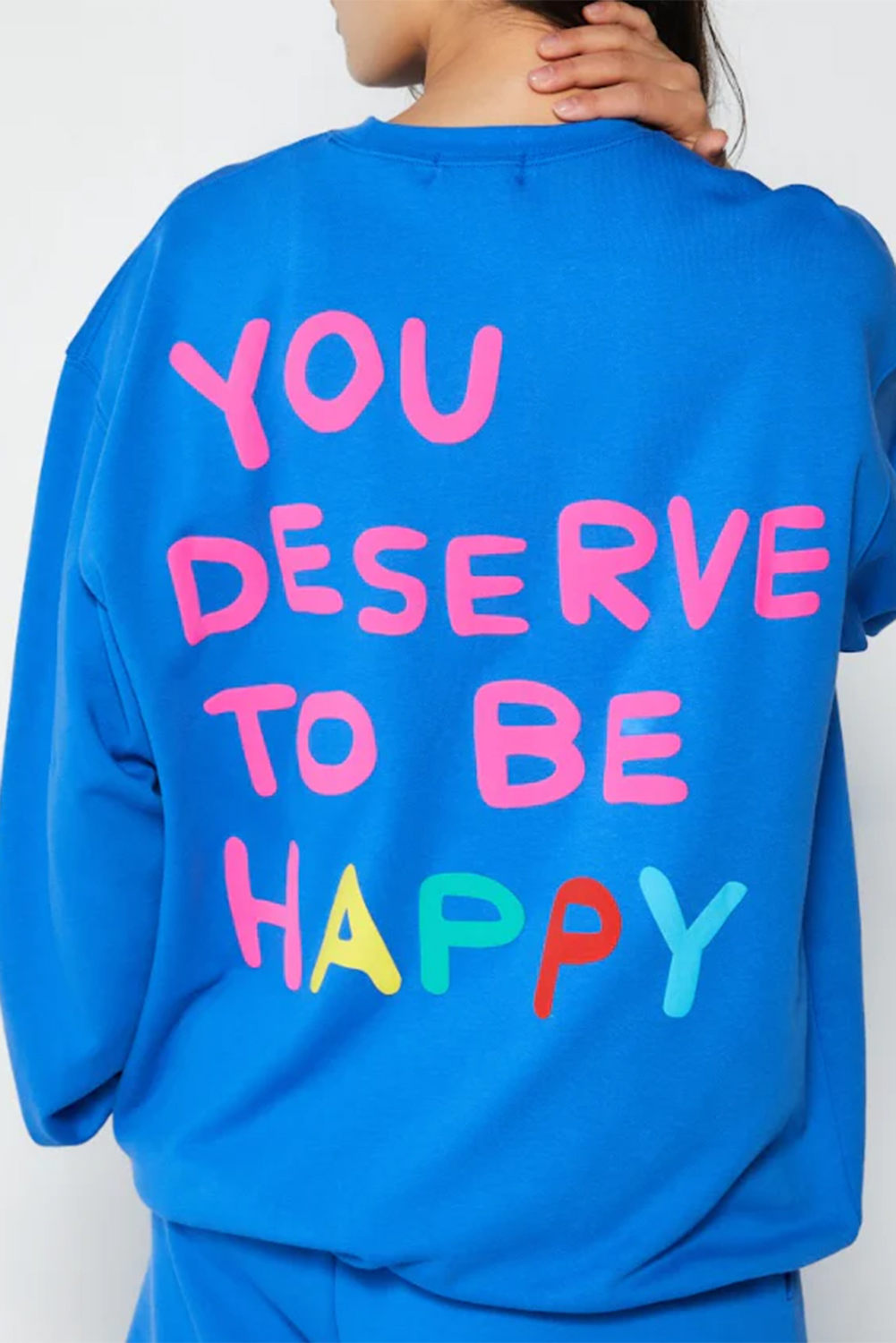 Shewin Wholesale Dropshipping Sky Blue YOU DESERVE TO BE HAPPY Graphic Drop Sleeve SWEATSHIRT