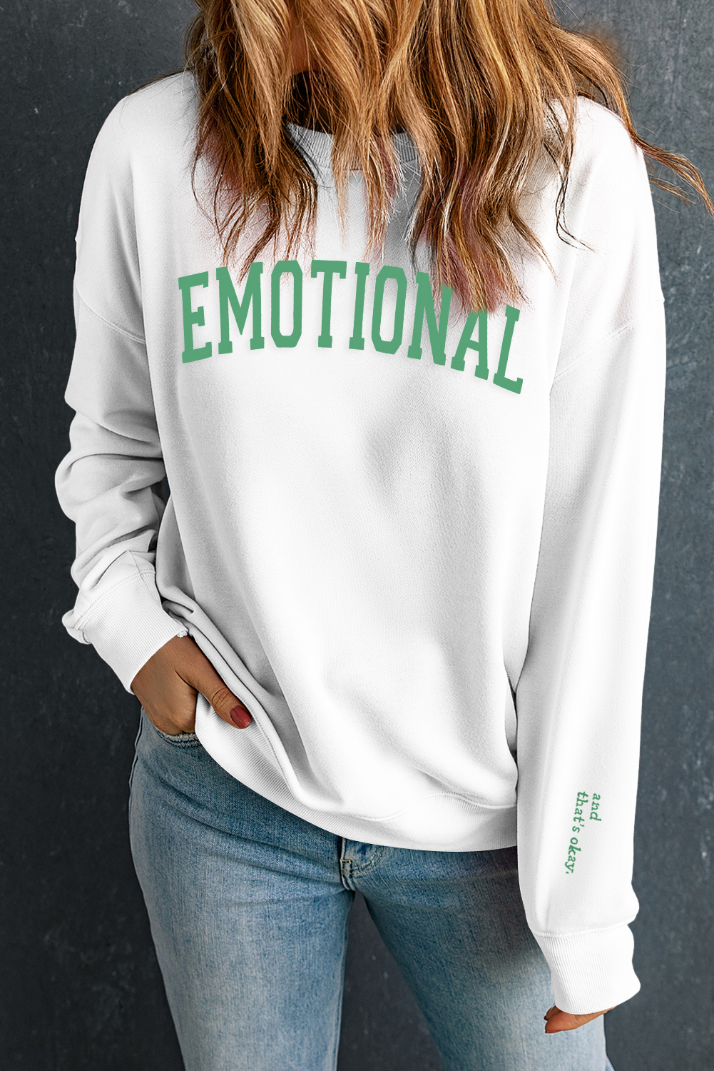 Shewin Wholesale Customized EMOTIONAL (And That's Okay) Beige Graphic SWEATSHIRT