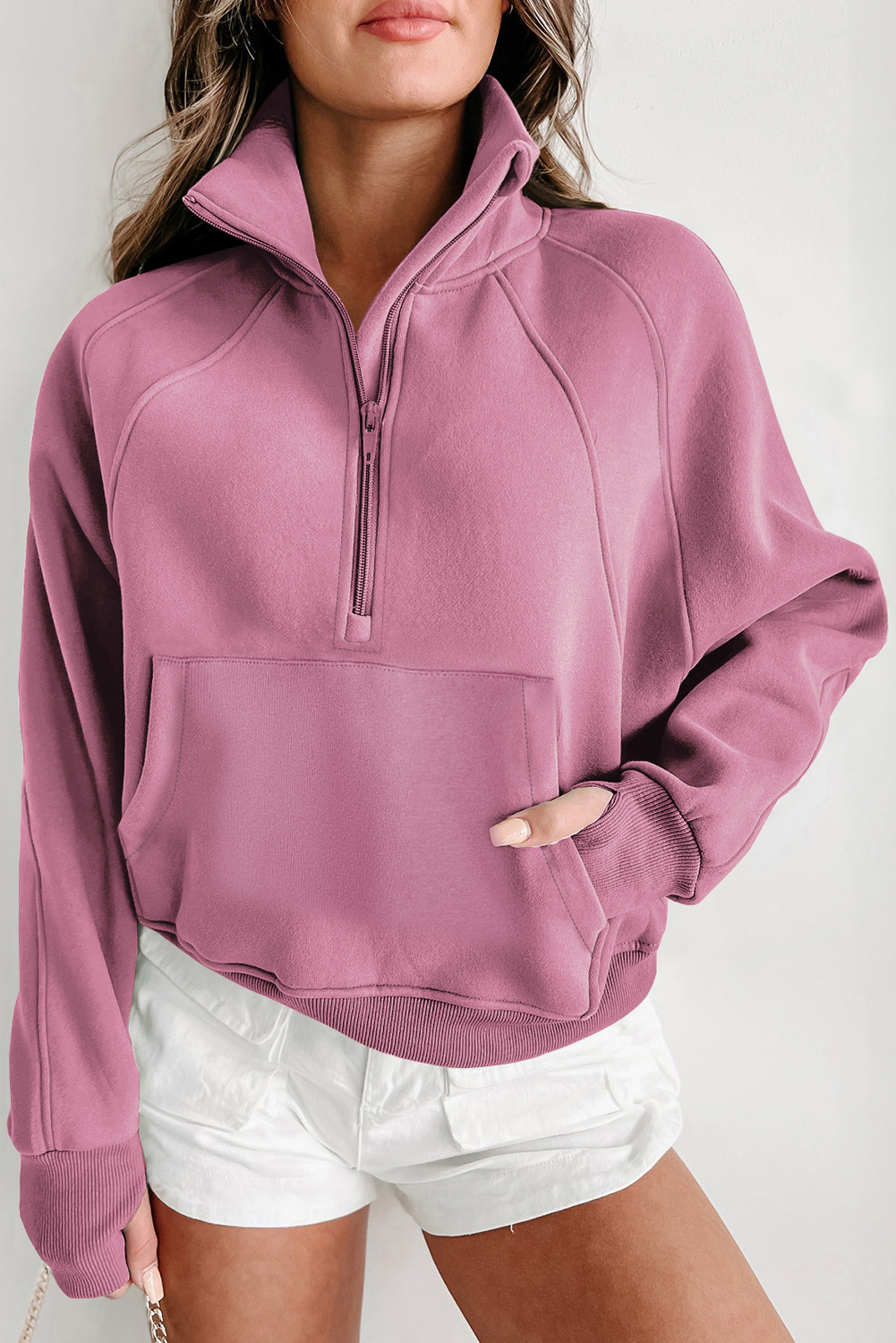 Phalaenopsis Zip Up Stand Collar Ribbed Thumbhole Sleeve Sweatshirt