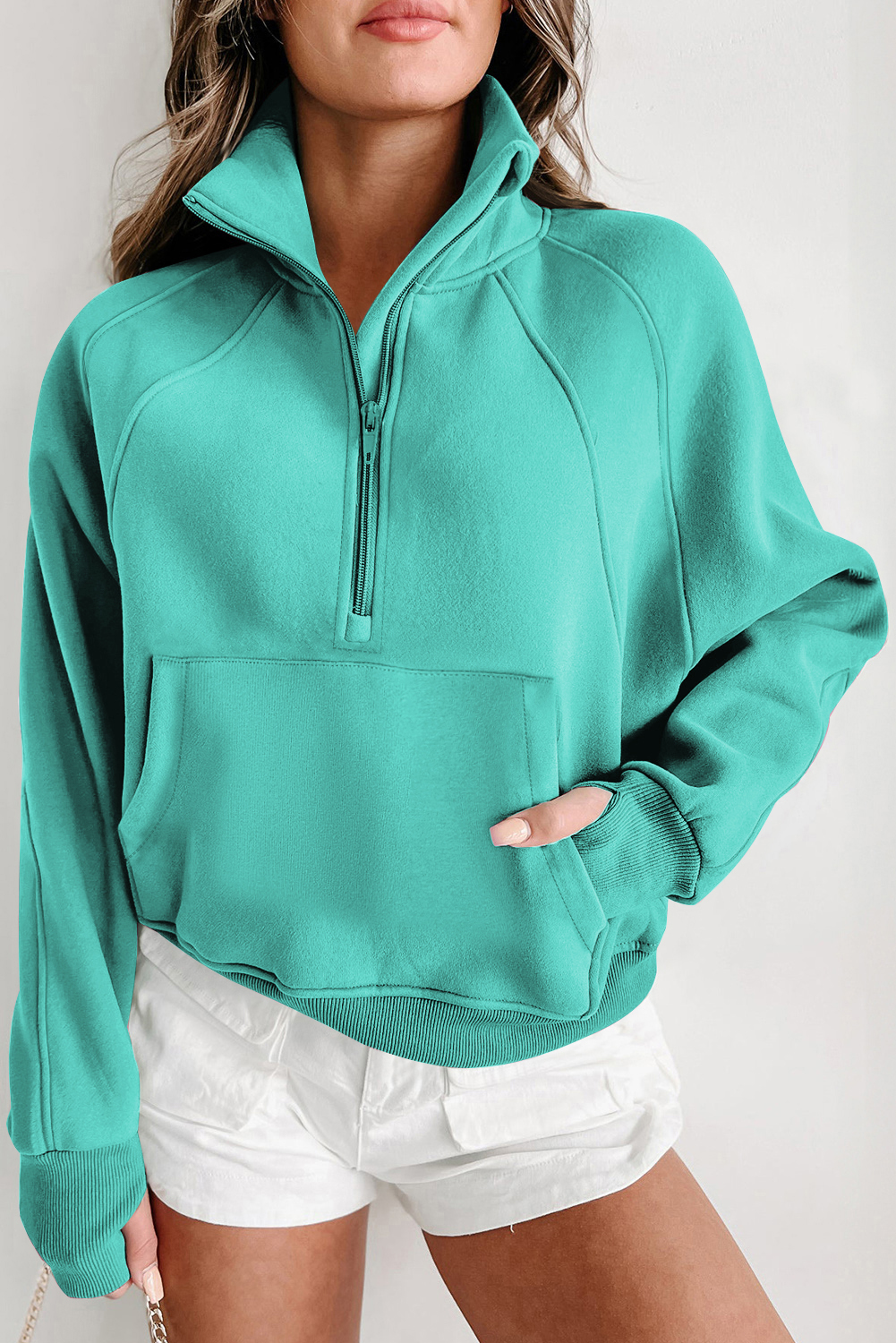 Shewin Wholesale Western Sea Green Zip Up Stand Collar Ribbed Thumbhole Sleeve Sweatshirt