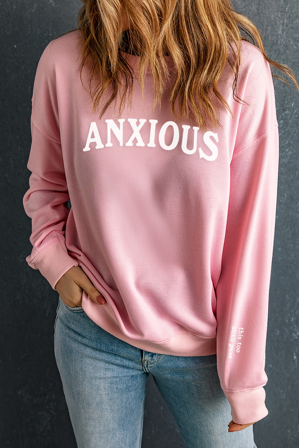 Shewin Wholesale Customized ANXIOUS (This Too Shall Pass) Pink Graphic SWEATSHIRT