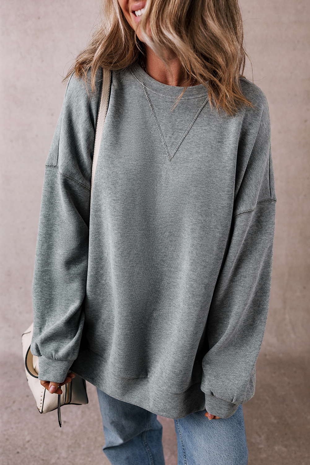 Shewin Wholesale Stores Medium Grey Side Split Drop SHOULDER Oversized Long Sleeve Top