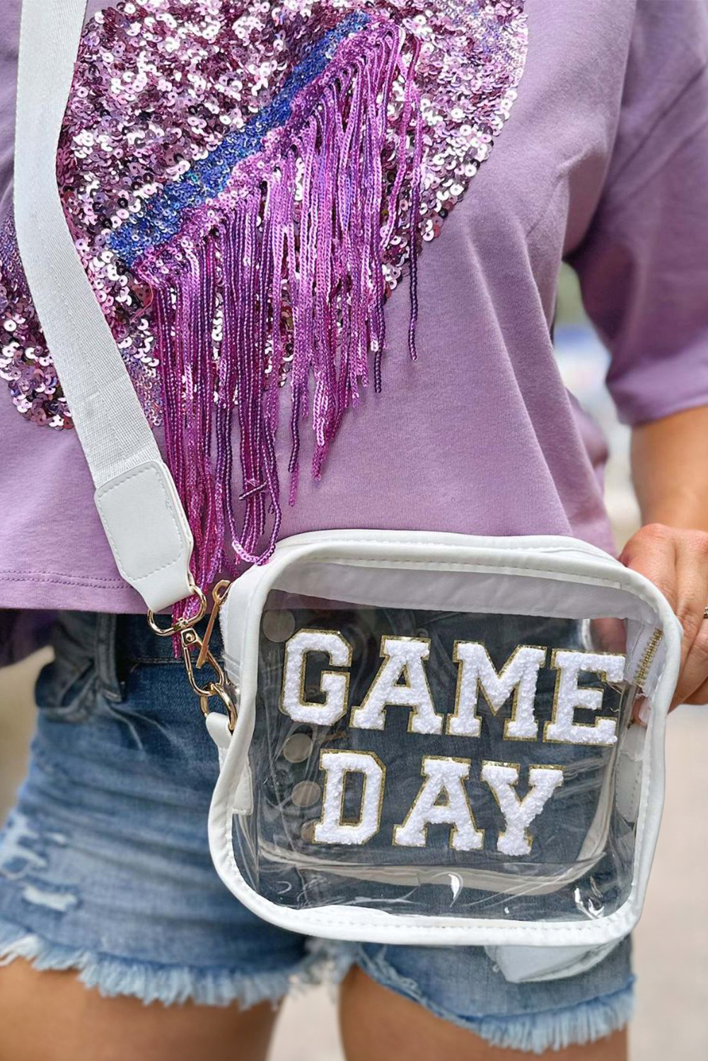 Shewin Wholesale Cheap White Chenille GAME DAY Pattern Clear SHOULDER BAG