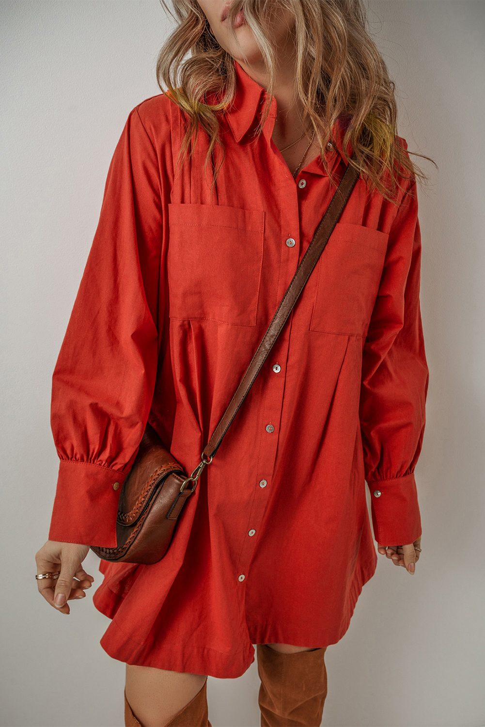 Shewin Wholesale Dropshipping Tomato Red Bishop Sleeve Button-Up Pleated Mini Shirt DRESS