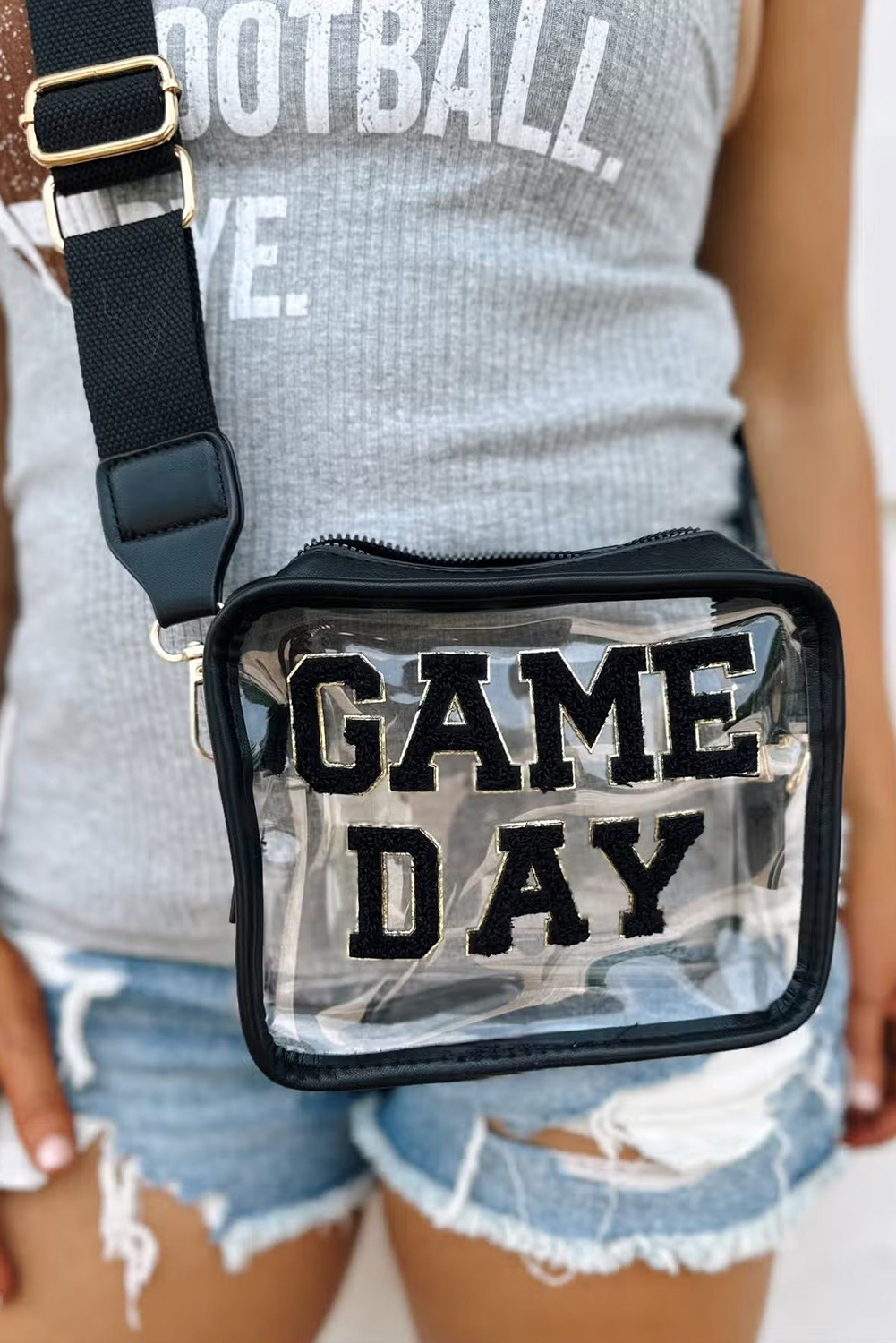 Shewin Dropshipping Open Pack Black Chenille GAME DAY Pattern Clear Shoulder Bag