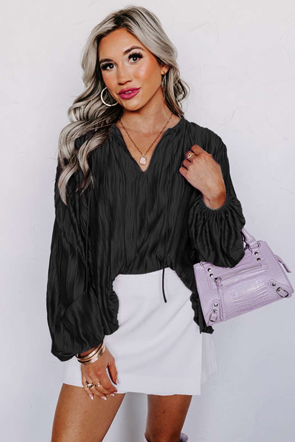 Shewin Wholesale NEW arrival Black Textured Bubble Sleeve V Neck Loose Blouse