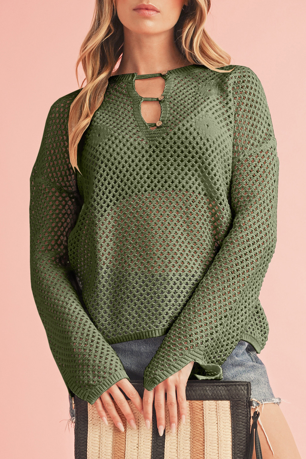 Vineyard Green Buttoned V Neck Split Sleeve Knit Top