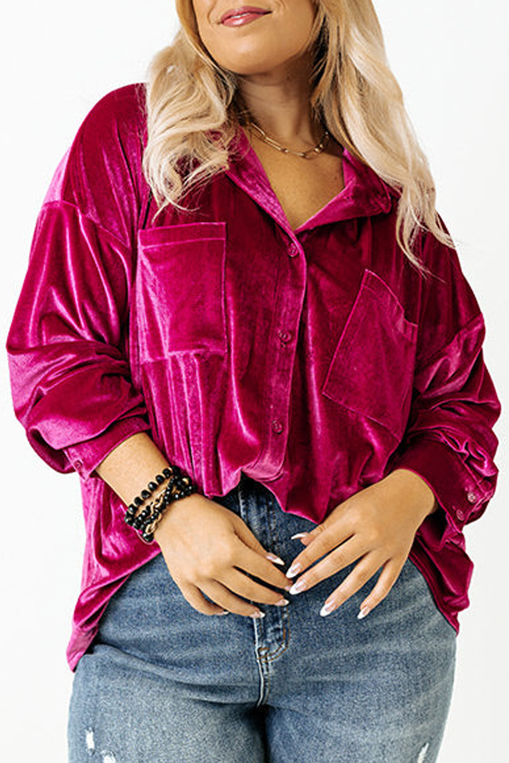 Bright Pink Plus Size VELVET Chest Pocket Drop Shoulder Shirt