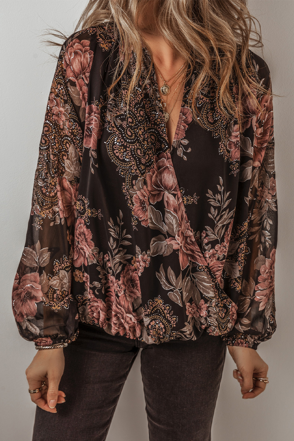 Shewin Wholesale Apparel Black Floral Print Criss Cross V Neck BALLOON Sleeve Blouse