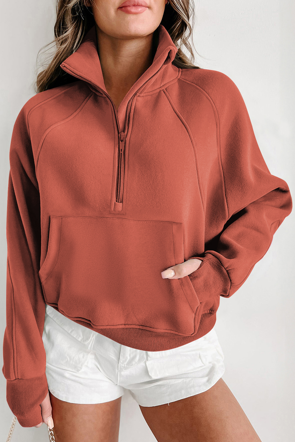 FLAMINGO Zip Up Stand Collar Ribbed Thumbhole Sleeve Sweatshirt