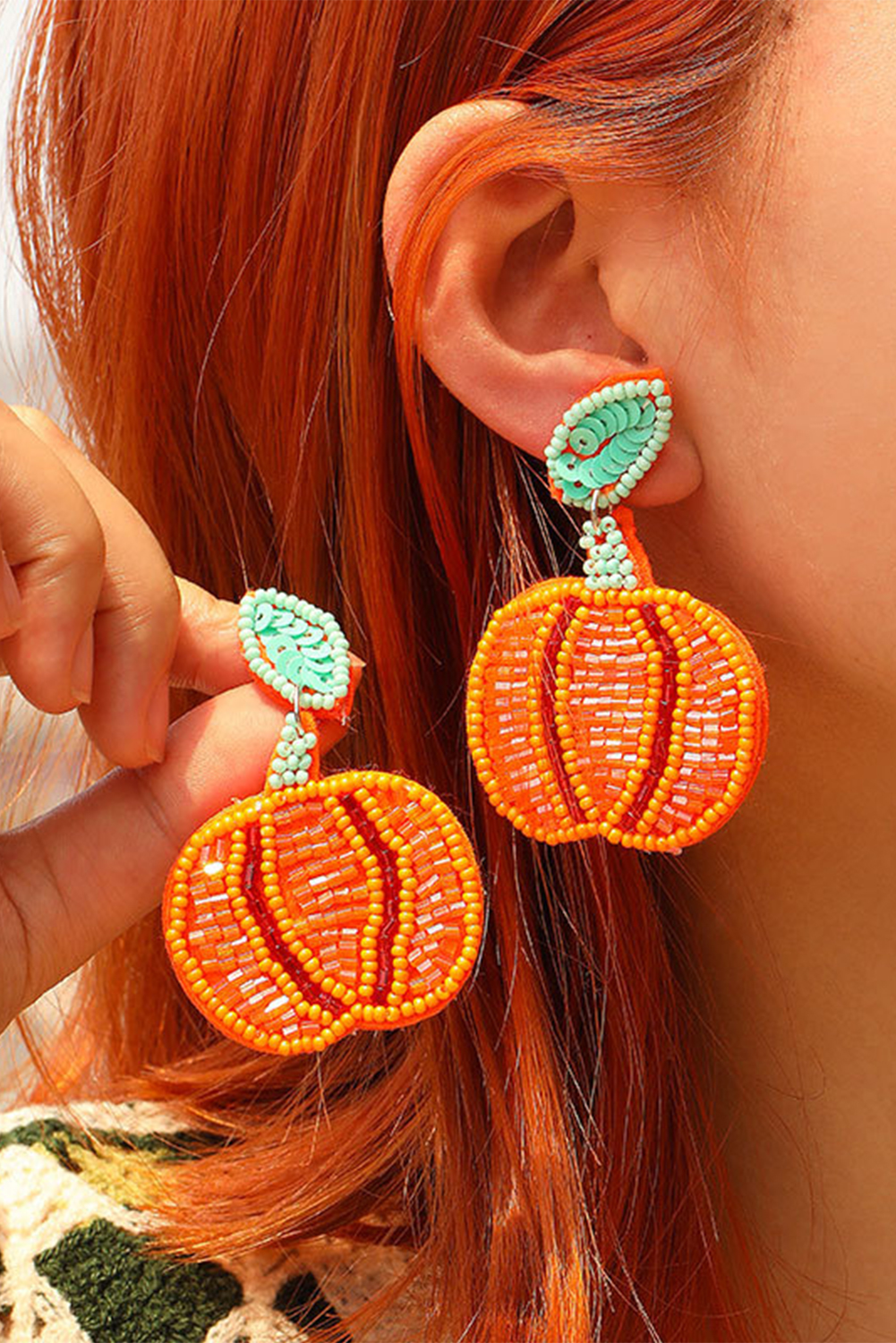 Orange HALLOWEEN Pumpkin Rice Beaded Drop Earrings