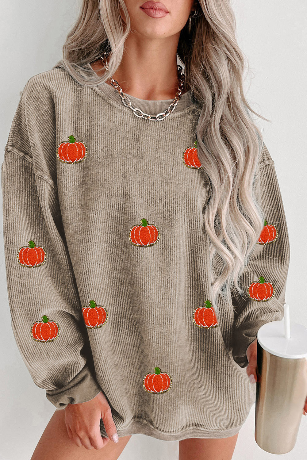 Shewin Wholesale Spring Khaki Crinkle Ribbed HALLOWEEN Pumpkin Graphic Sweatshirt