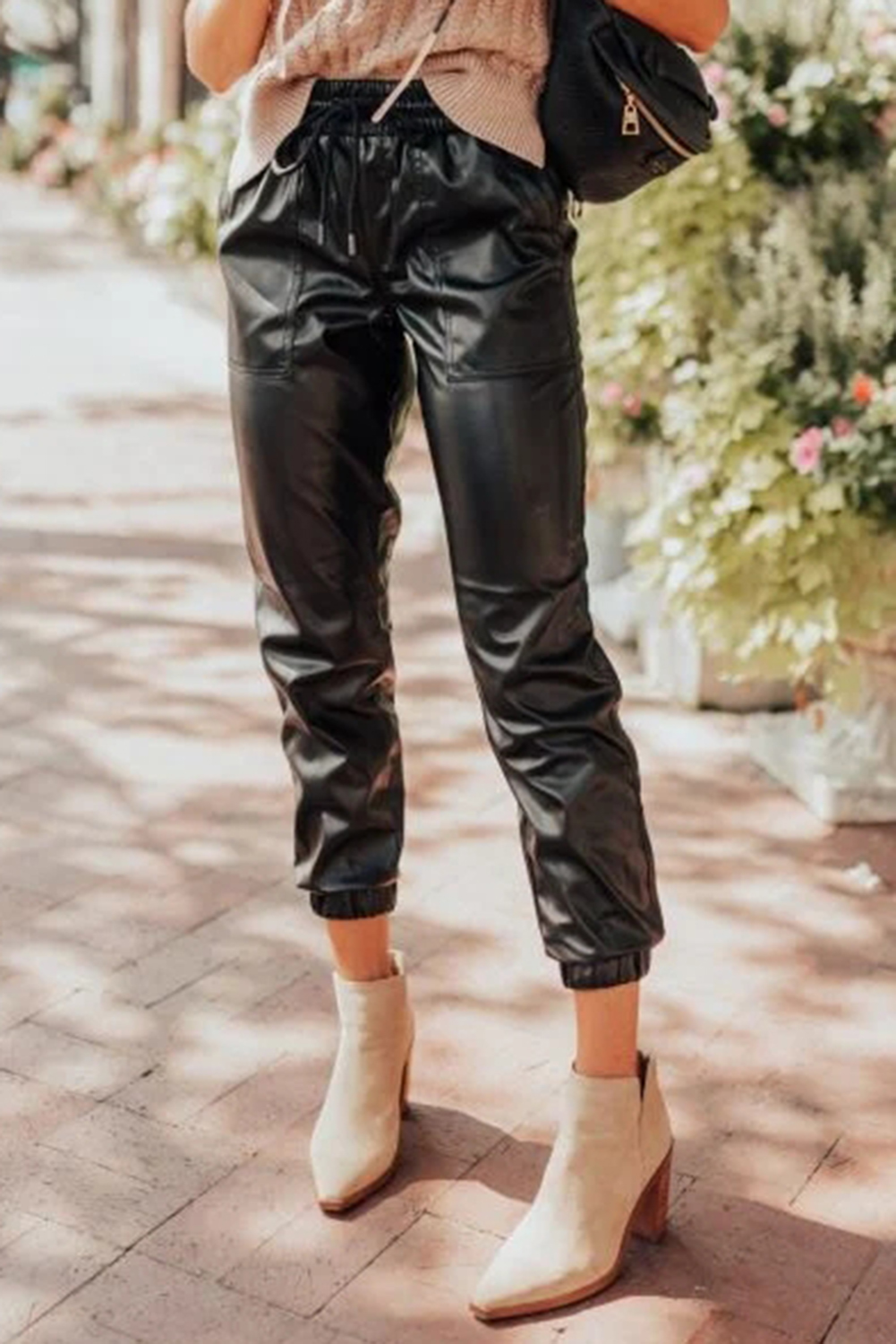 Black Faux Leather Smocked Waist Drawstring Cropped PANTS