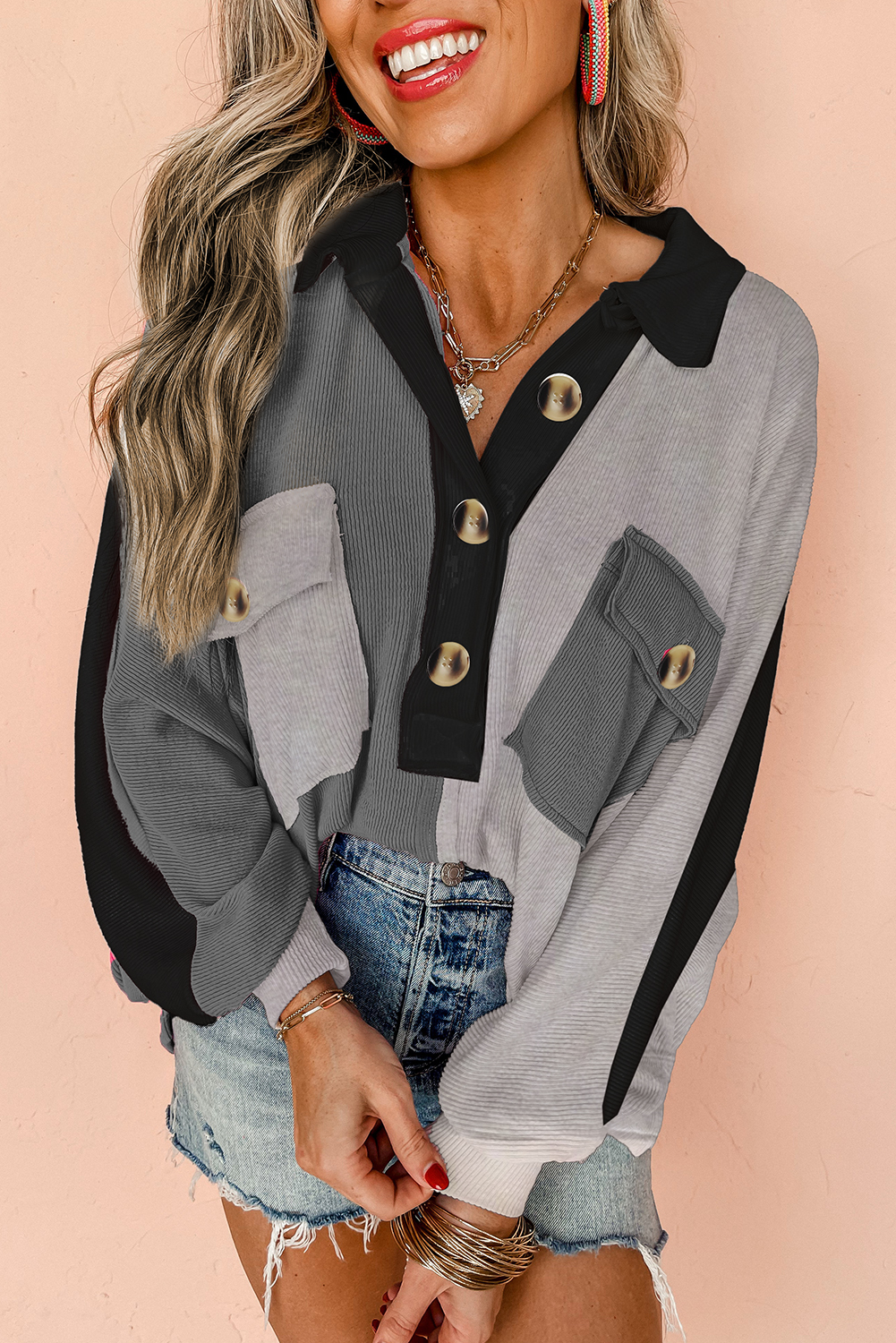 Shewin Wholesale CLOTHING Gray Colorblock Patchwork Ribbed Oversized Henley Sweatshirt