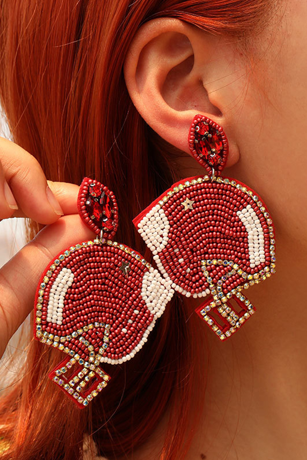 Fiery Red Game Day Rice Beaded Rugby Helmet Dangle EARRINGS