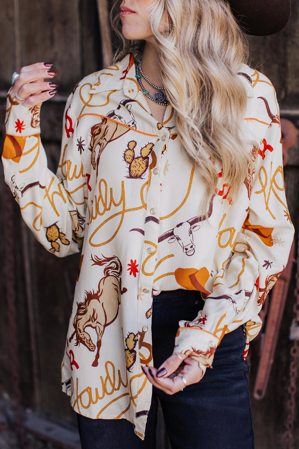 Shewin Wholesale Western Beige Howdy ANIMAL Pattern Button Up Shirt