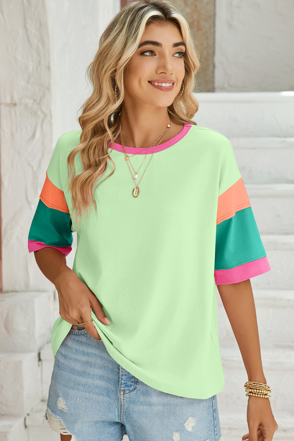 Shewin Dropshipping Green Color Block Sleeve Round Neck Oversize Top