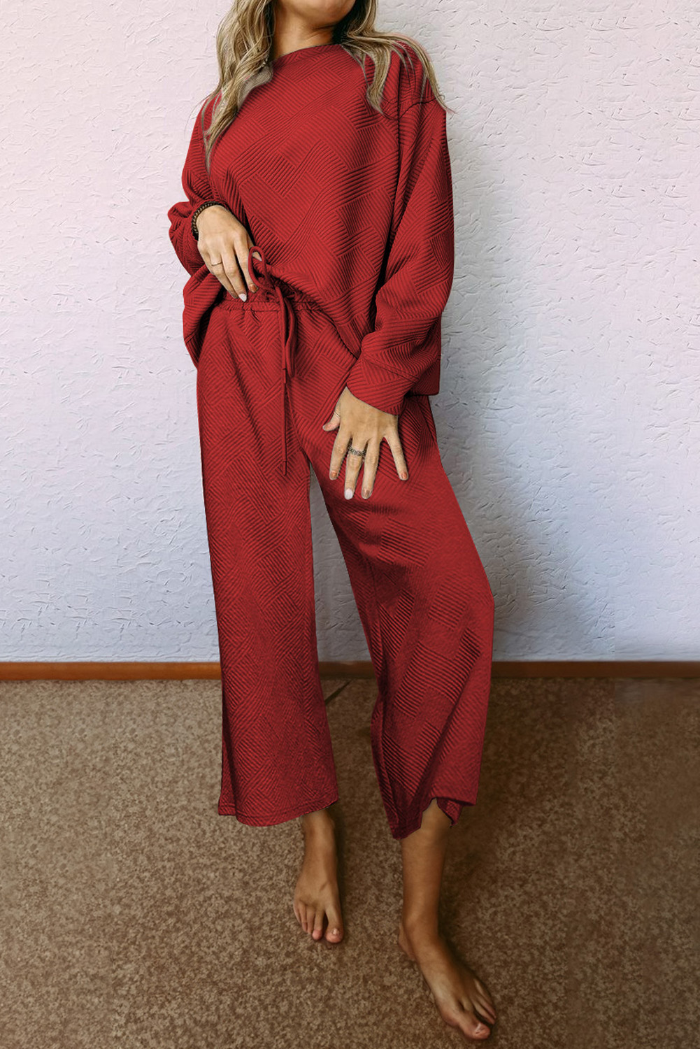 Red Dahlia Textured Loose Slouchy Long Sleeve Top and PANTS Set