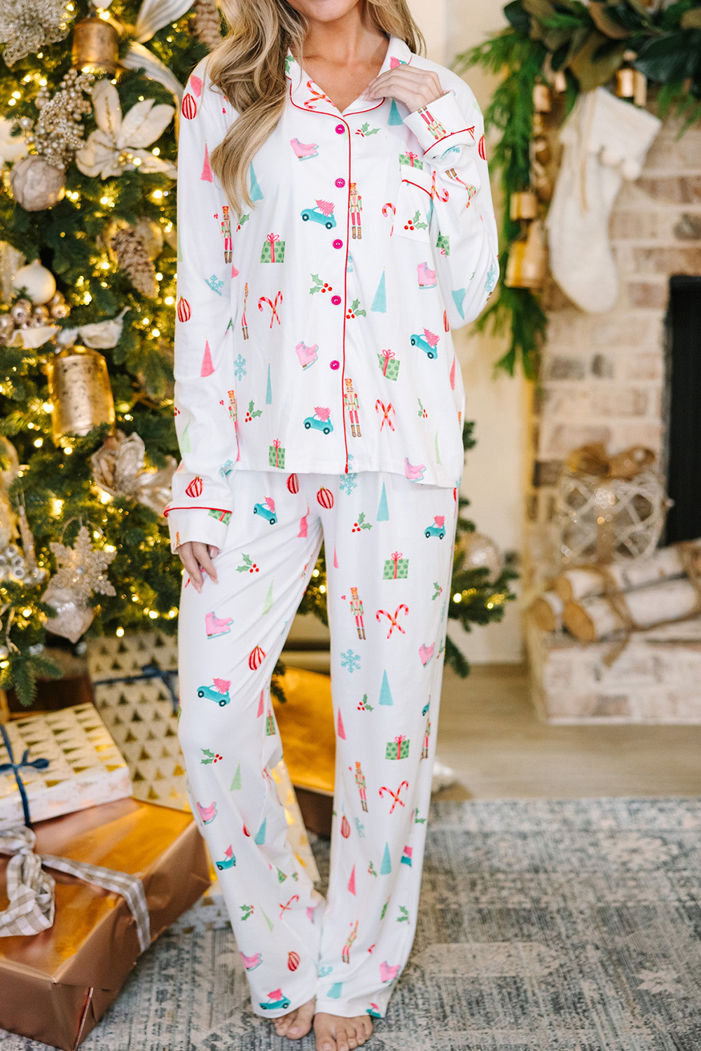 Shewin Wholesale Southern White Christmas Print Lapel Shirt and PANTS Pajama Set