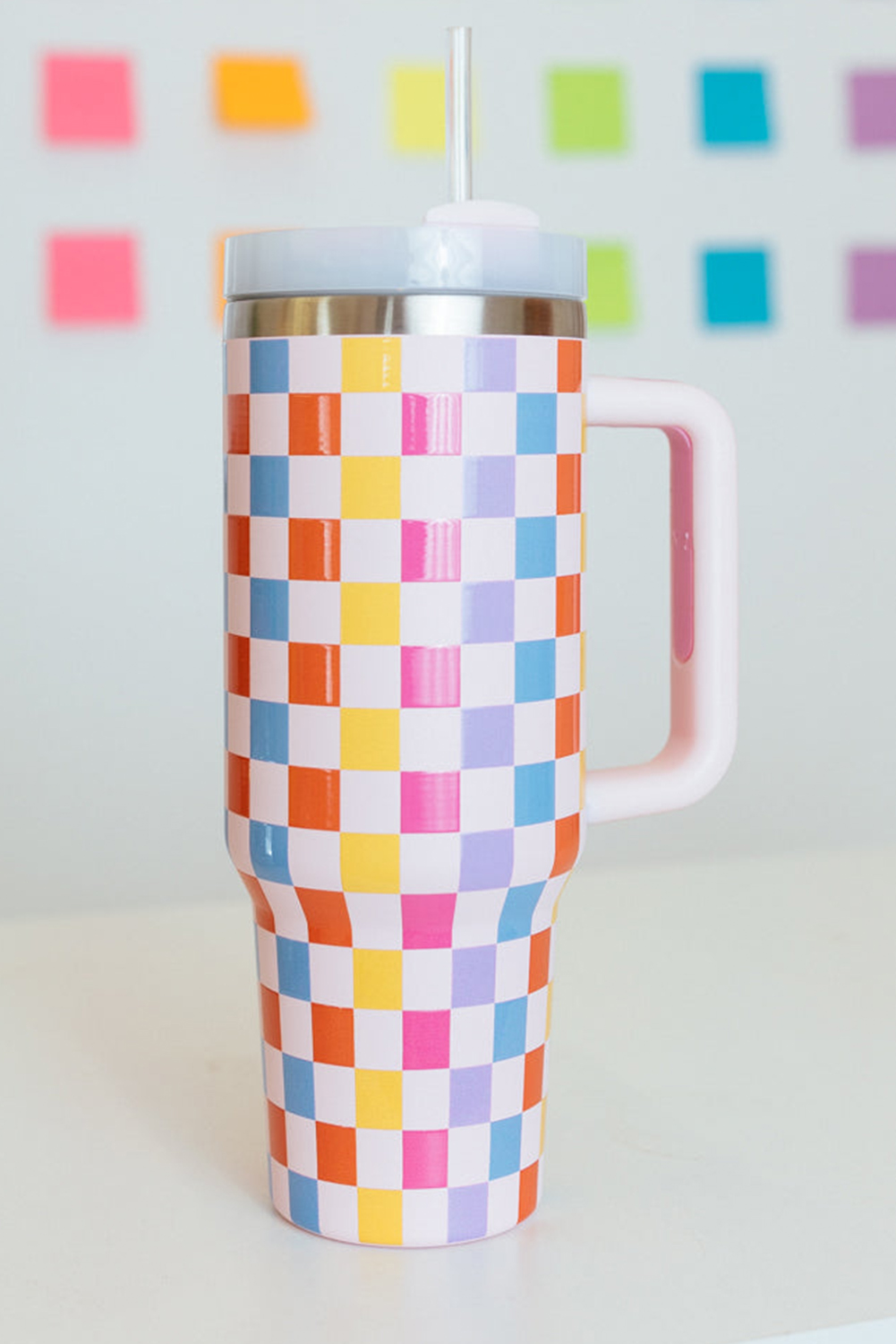 Red 40oz Colorful Checkered Print HANDLE Vacuum Tumbler Cup