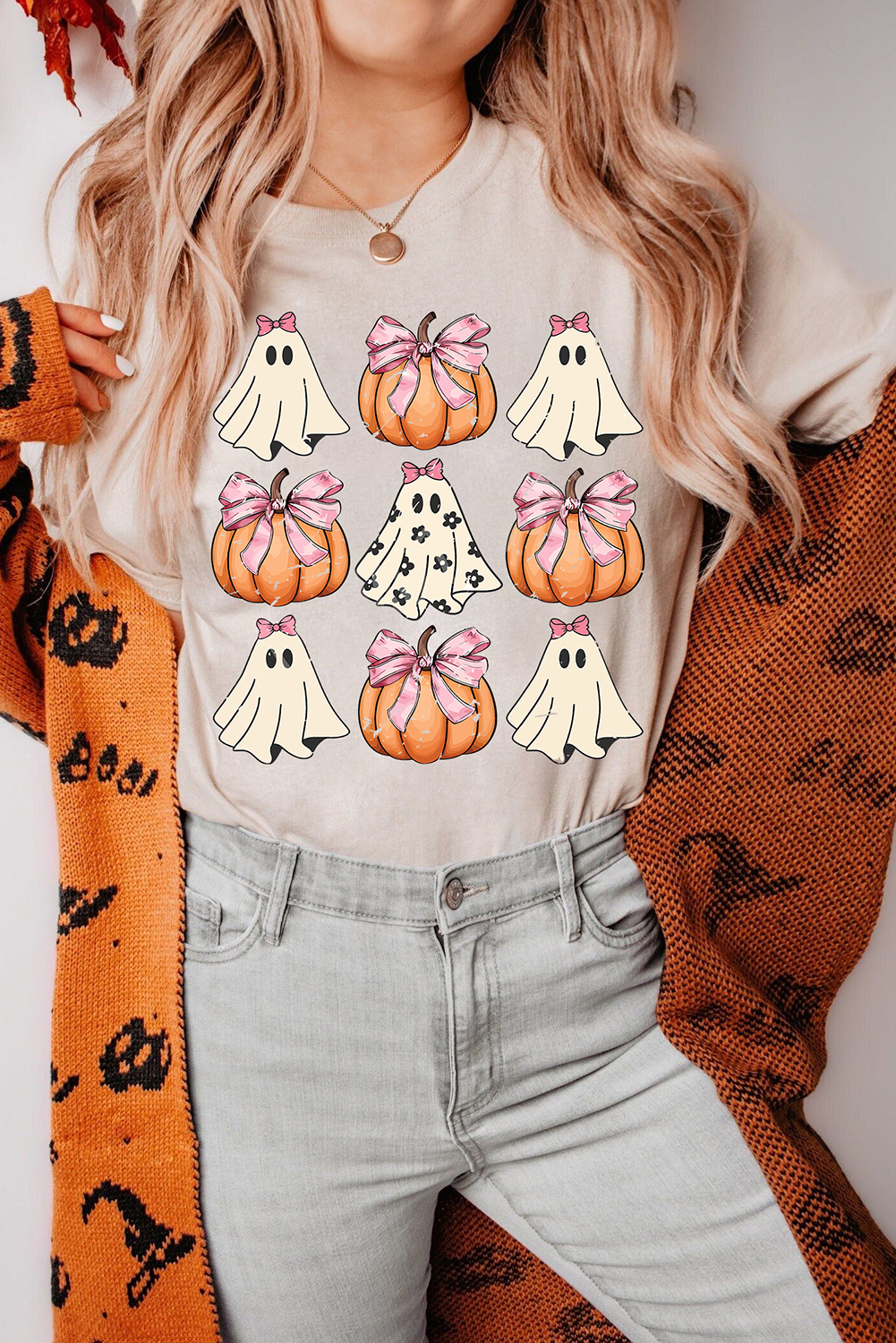 Khaki Bowknot Ghost Pumpkin Graphic HALLOWEEN T Shirt