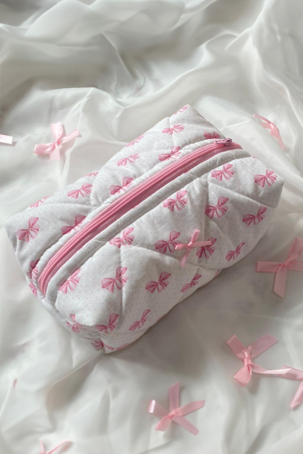 Pink Bow Knot Quilted ZIPPER Makeup Bag