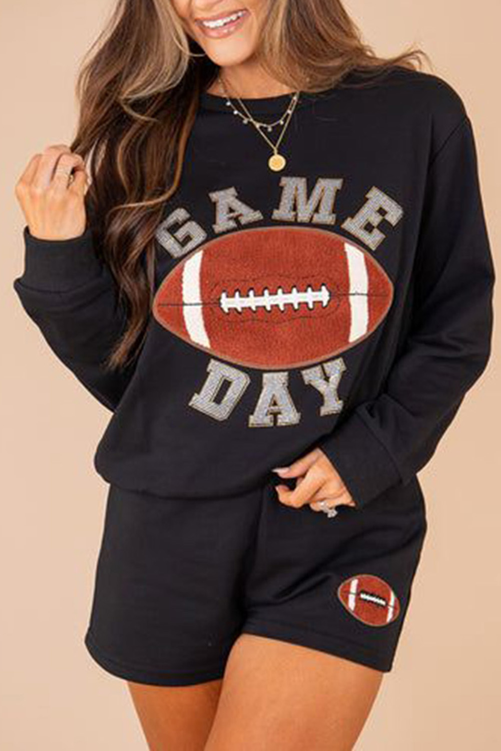 Black GAME DAY Rugby FOOTBALL Graphic Pullover and Shorts Set