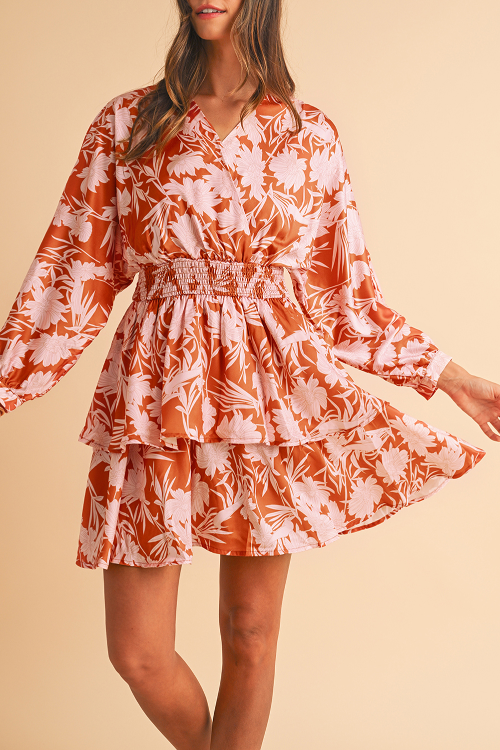 BROWN Floral Puff Sleeve Smocked Waist Layered Dress