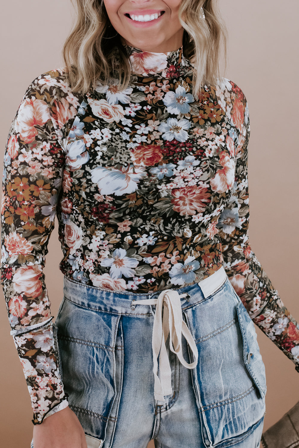 Shewin Wholesale Suppliers BROWN Floral Print Mesh Mock Neck Slim Top