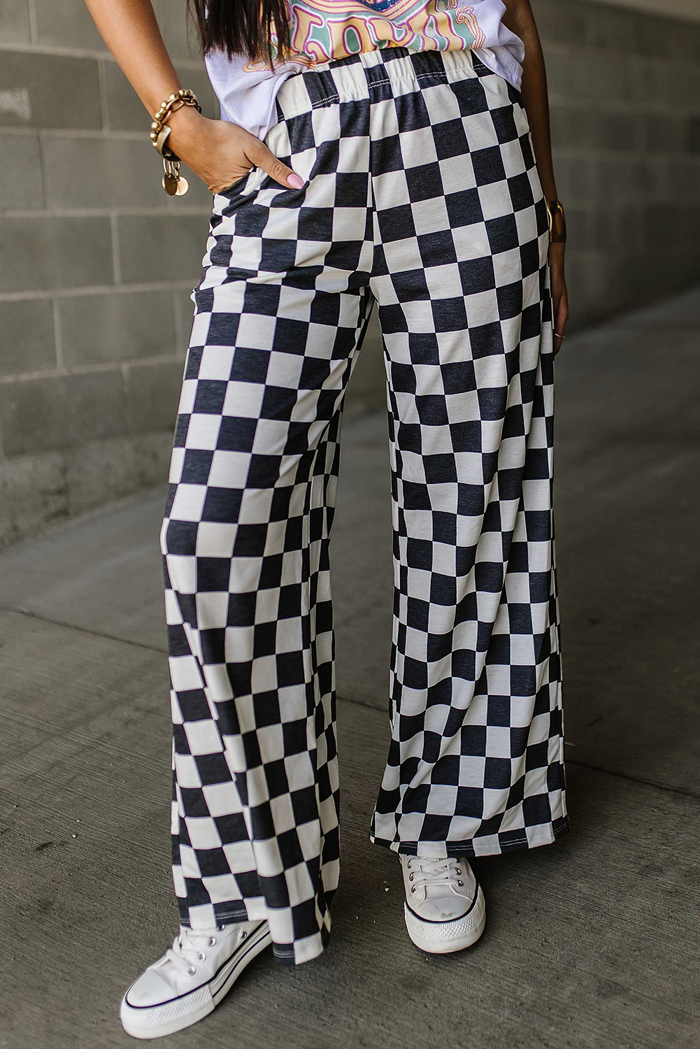 Shewin Wholesale CLOTHING Black Checkered Print High Waist Wide Leg Pants