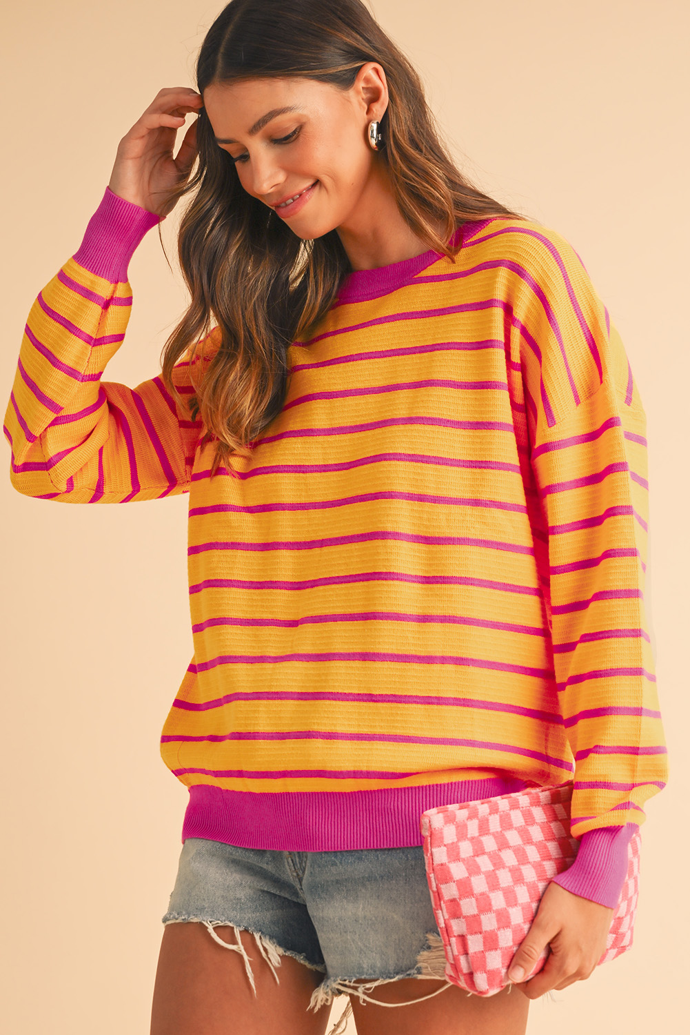 Shewin Wholesale Customized Orange Stripe Round Neck Drop Shoulder Loose SWEATER