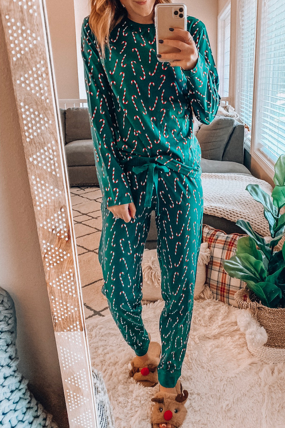 Shewin Wholesale Clothing Green Christmas CANDY Cane Printed Top and Pants Loungewear Set