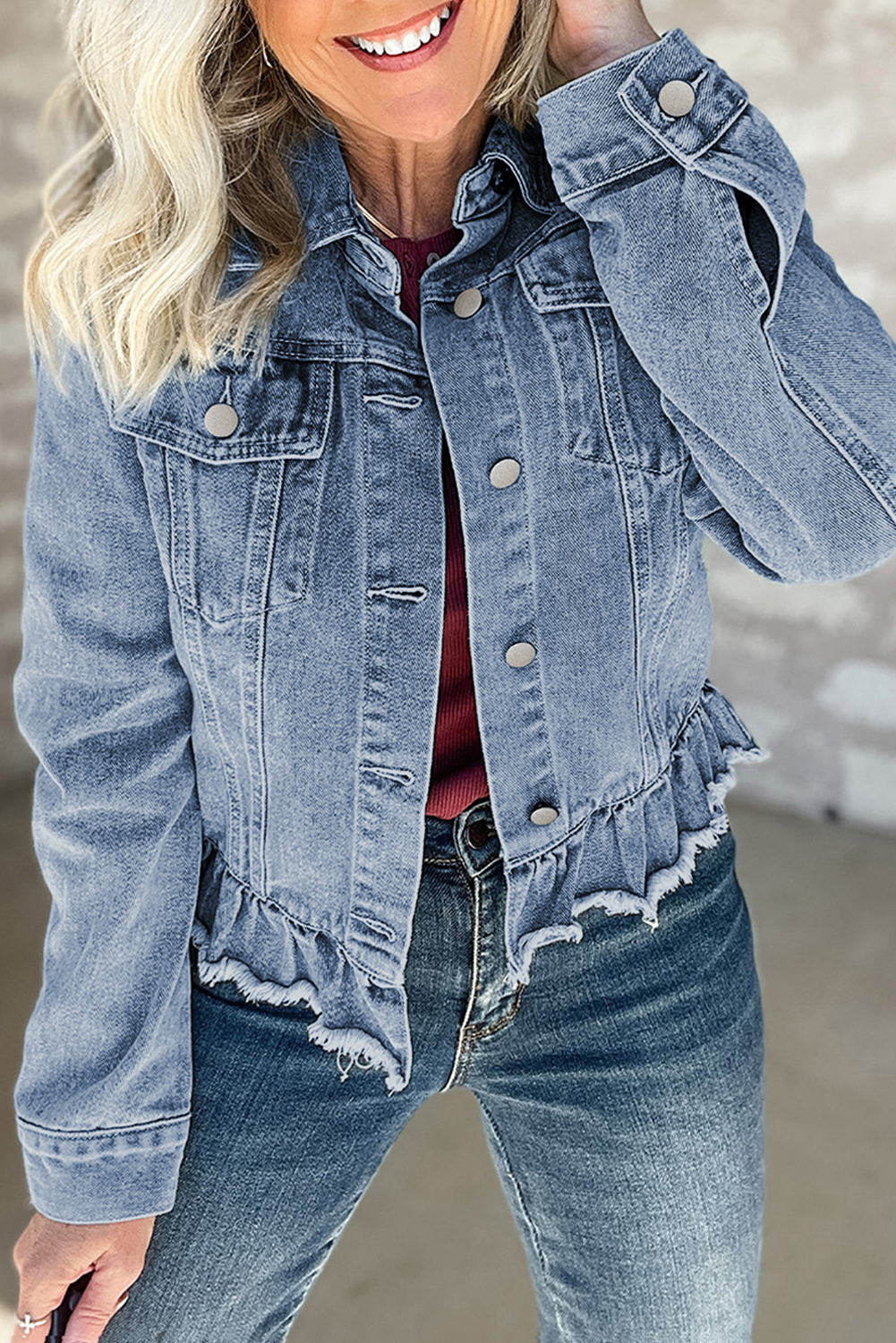 Shewin Wholesale Fashion Beau Blue Ruffle Raw Hem Flap Pockets Denim JACKET