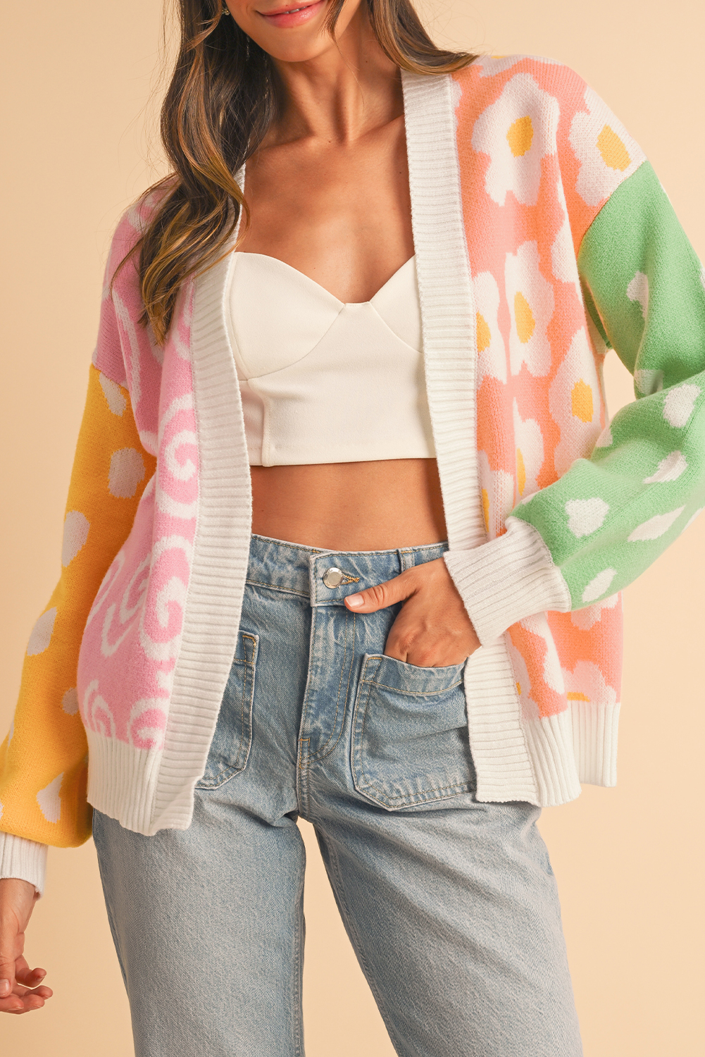 Shewin Dropshipping Orange Flower & Dotted Print Colorblock Open Front Cardigan