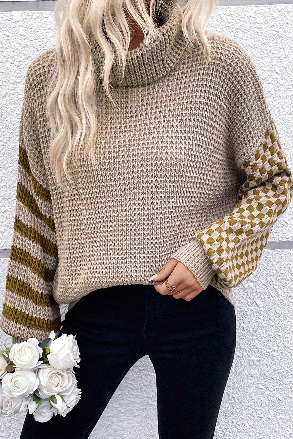 Shewin Wholesale Clothing Smoke Gray Striped Plaid Patchwork Waffle Knit Turtleneck SWEATER
