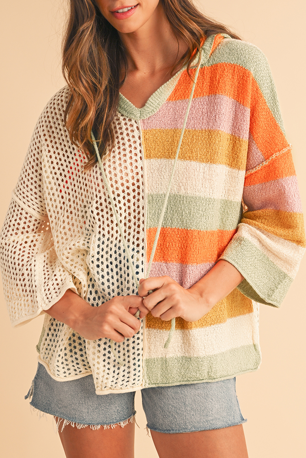 Shewin Dropship Beige Oversized Colorblock V Neck Hooded SWEATER