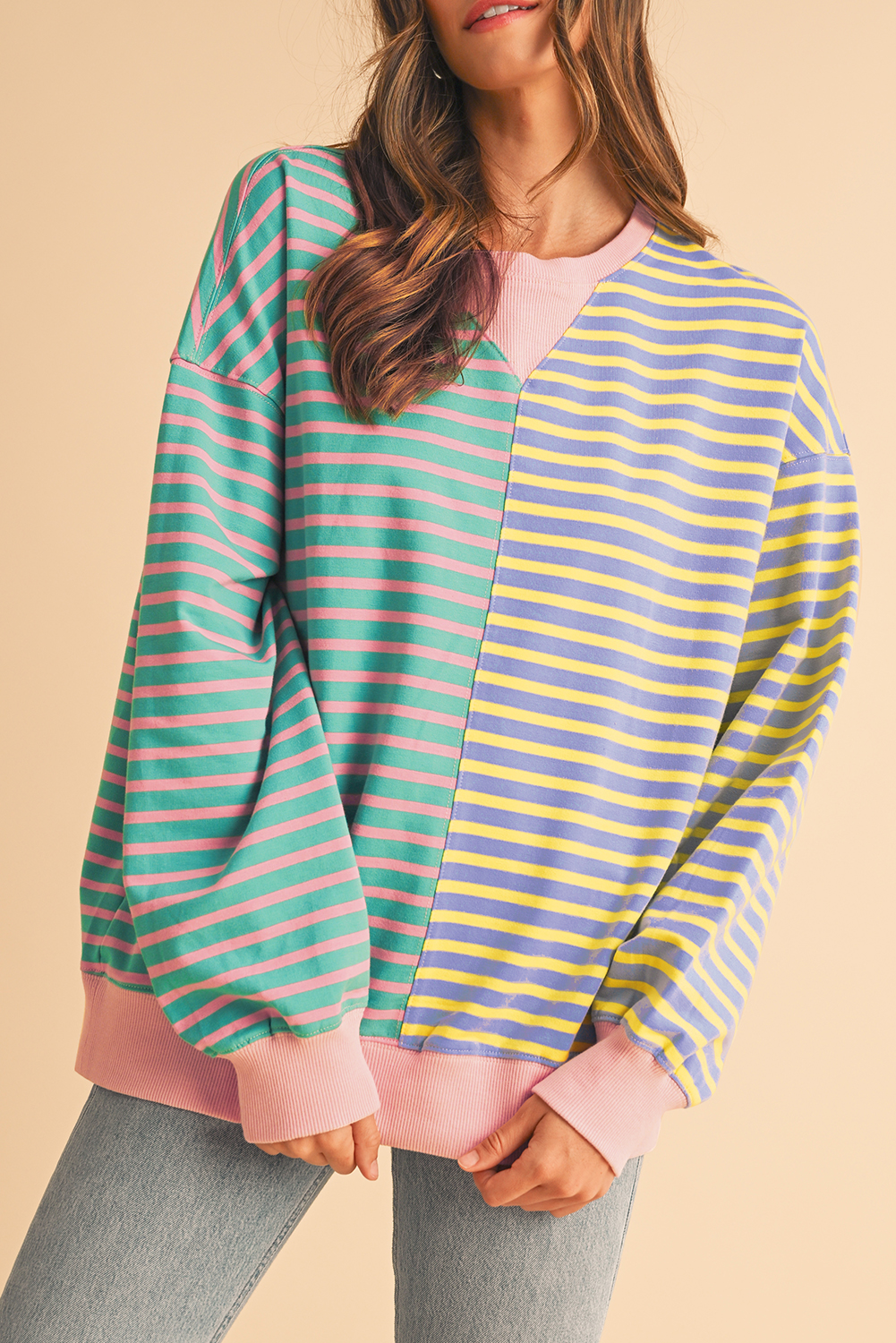 Shewin Wholesale Clothes Sky Blue Stripe Colorblock Drop SHOULDER Oversize Sweatshirt