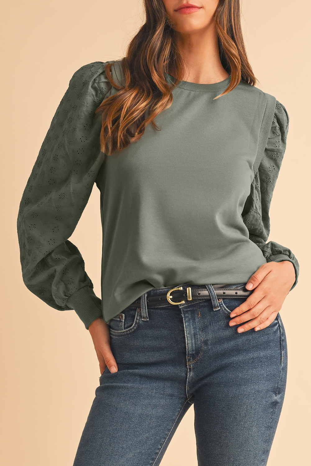 Medium Grey EYELET Embroidered Sleeve Patchwork Ribbed Sweatshirt