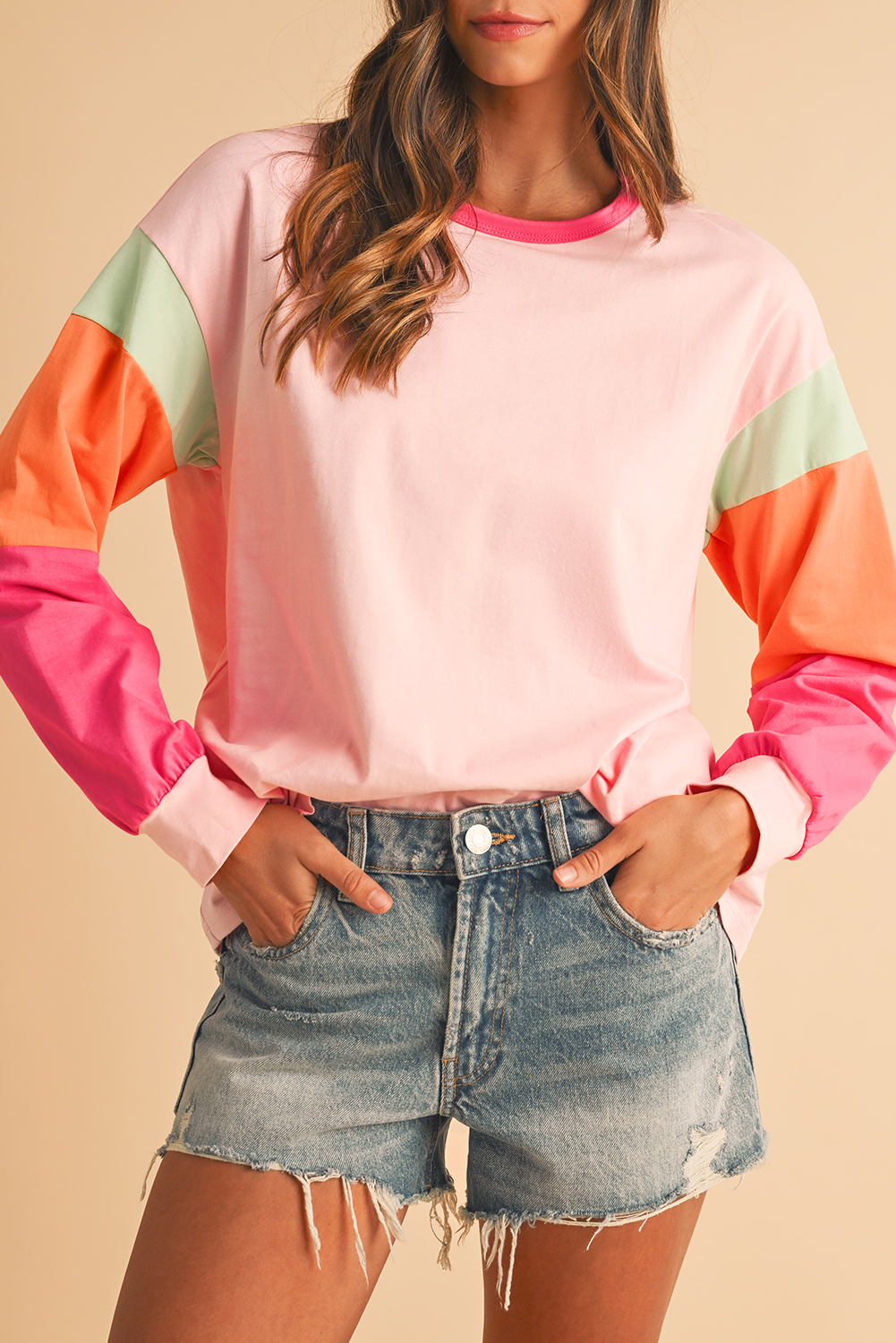 Shewin Dropshippers Pink Color Block Sleeve Loose Fit Top