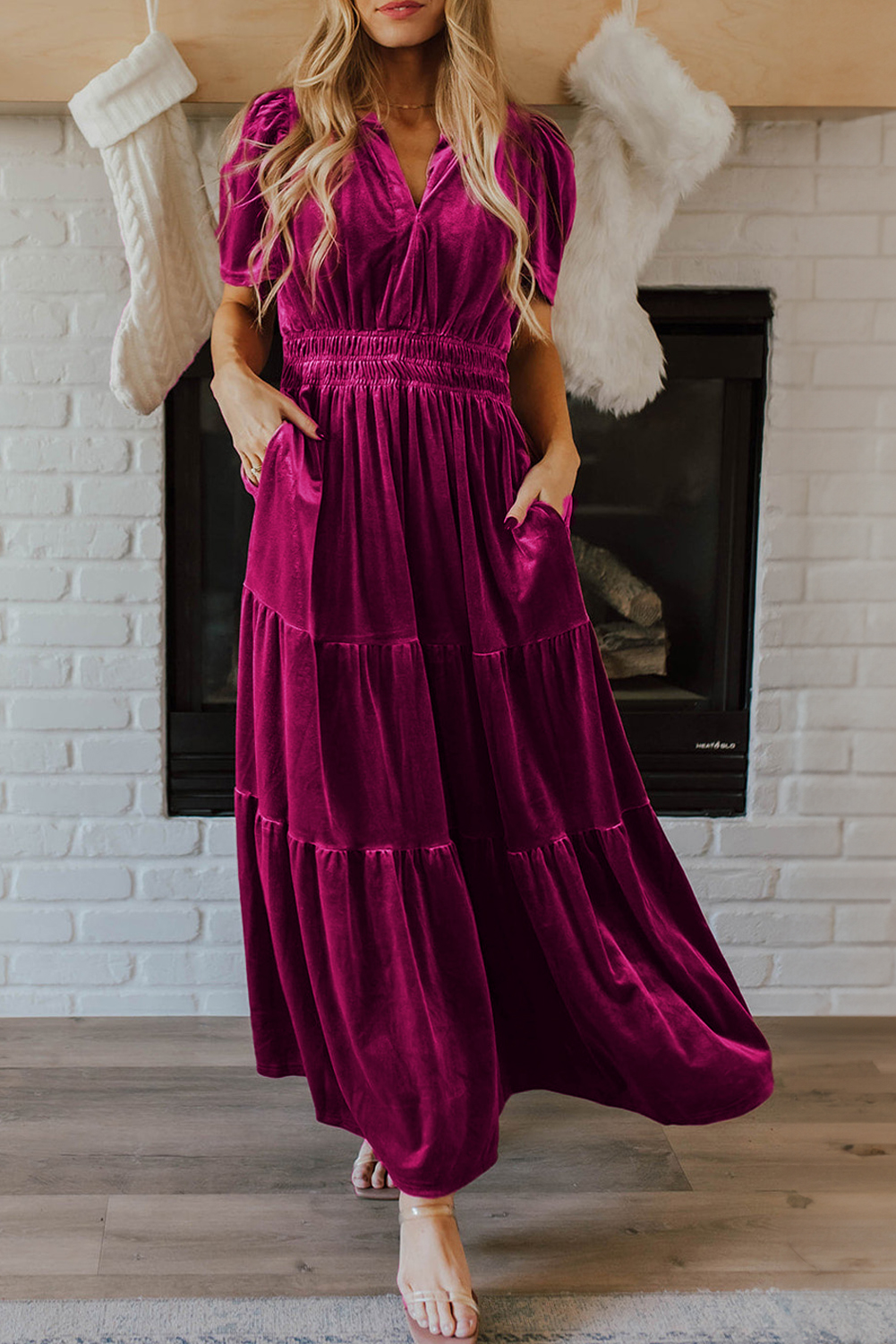 Shewin Wholesale Spring Red Dahlia VELVET Short Sleeve Shirred Waist Tiered Maxi Dress